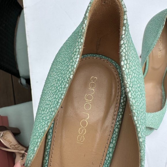 Sergio Rossi Peep Toe Pumps Crackled Leather Upper Sz 39 in Aquamarine Stiletto - Picture 2 of 11